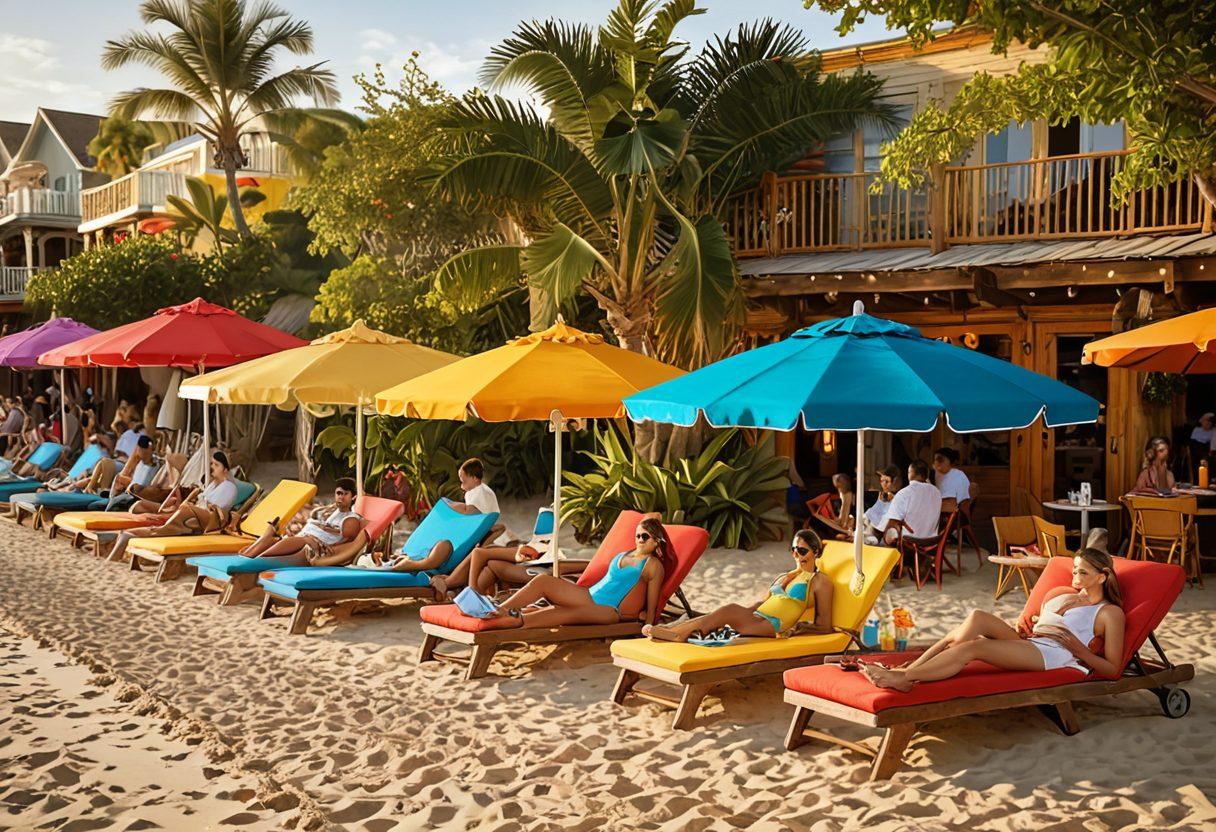 A stylish beach scene featuring a diverse group of people wearing vibrant, fashion-forward swimwear while lounging under colorful umbrellas. In the background, showcase cozy eateries with rustic decor, serving delicious snacks and drinks, creating an inviting atmosphere. The sun sets beautifully, casting warm golden hues over the vibrant beach setting. super-realistic. vibrant colors. warm tones.