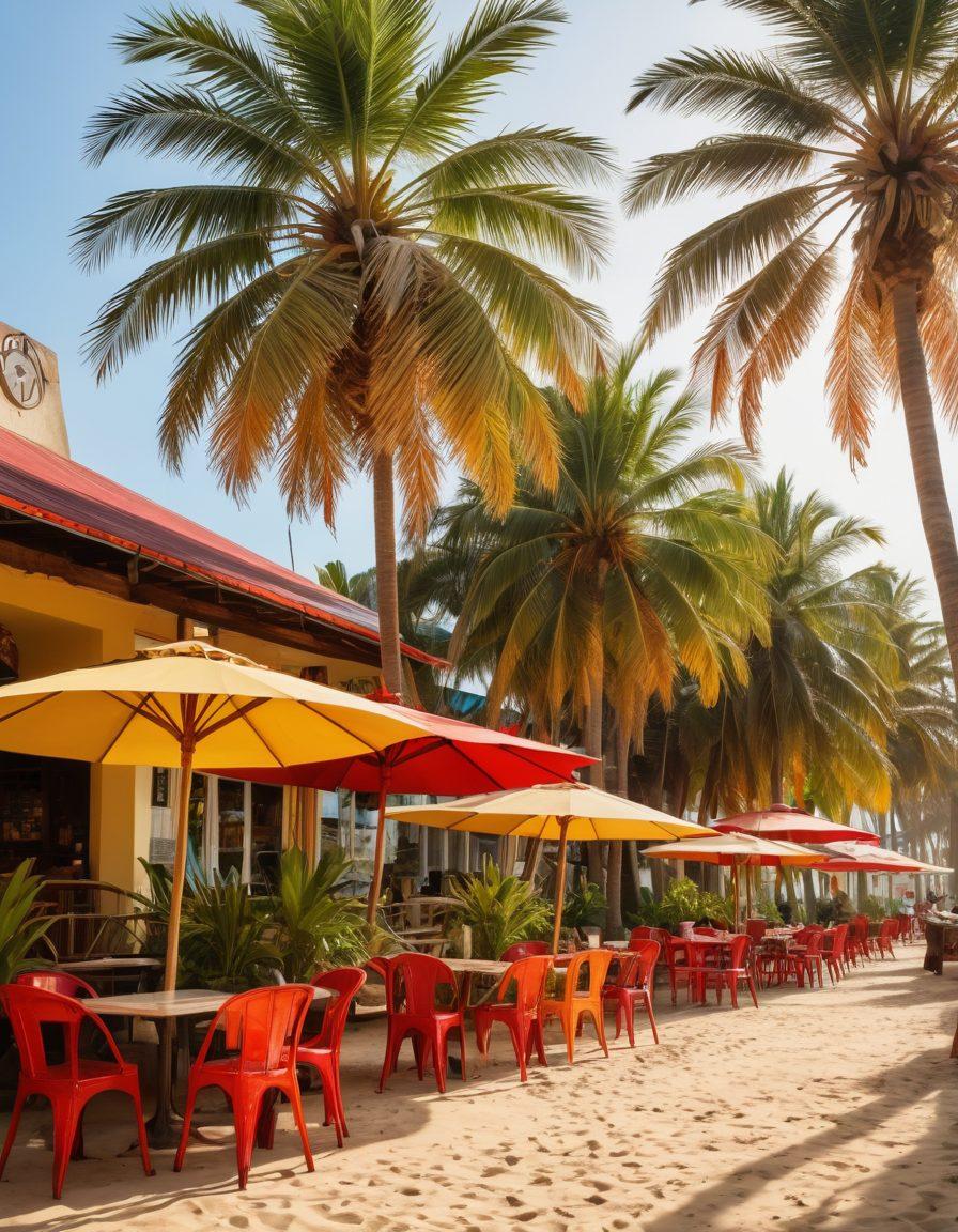 A serene beachside scene featuring a cozy café with vibrant umbrellas, palm trees swaying in the gentle breeze, and people lounging on sunbeds enjoying refreshing drinks. Highlight the warm golden sunset casting a glow over the sandy shore, with surfboards nearby and a small stage for live music in the background. The atmosphere should exude relaxation and joy, capturing the essence of unwinding in style. vivid colors. painterly style.